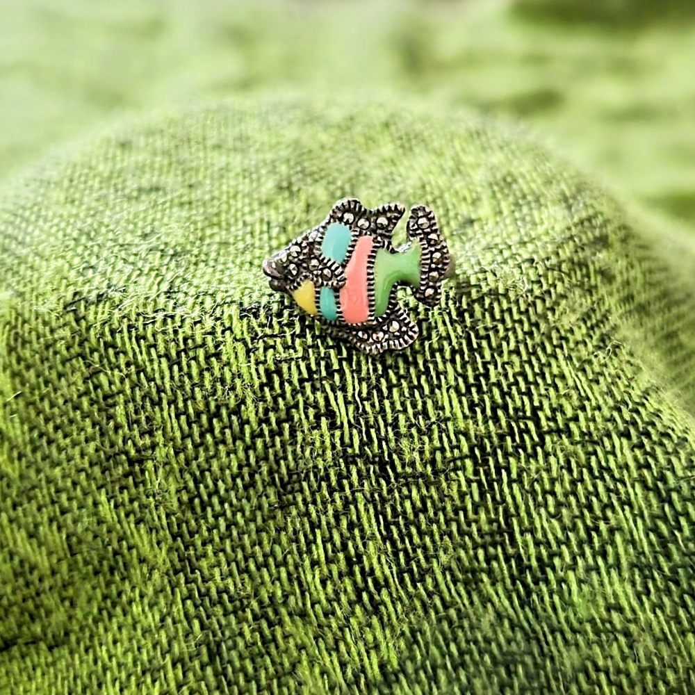 Hand painted, stirling sliver fish ring